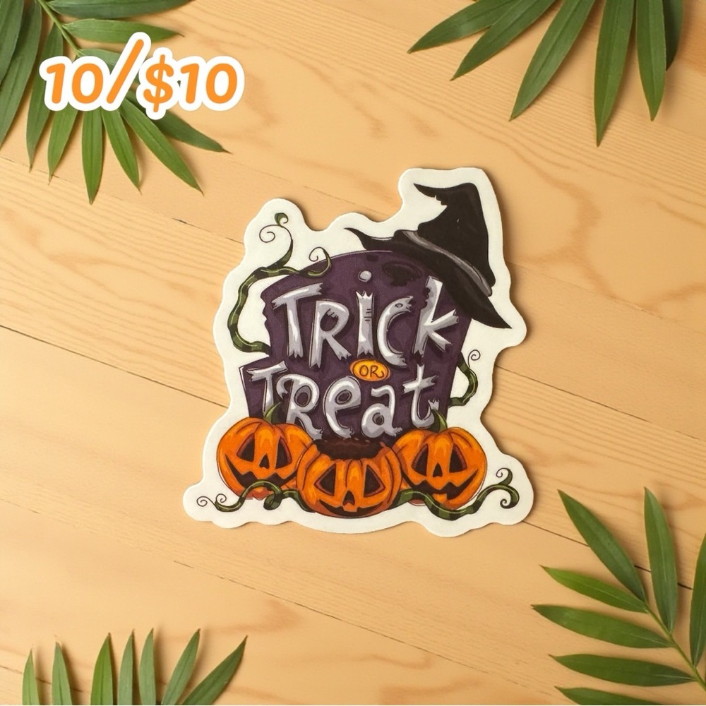 Halloween Sticker – Trick or Treat Pumpkins & Witch Hat – Matte Finish - 2 1/4”